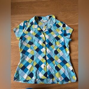 100% silk short sleeve geometric button down womens 10